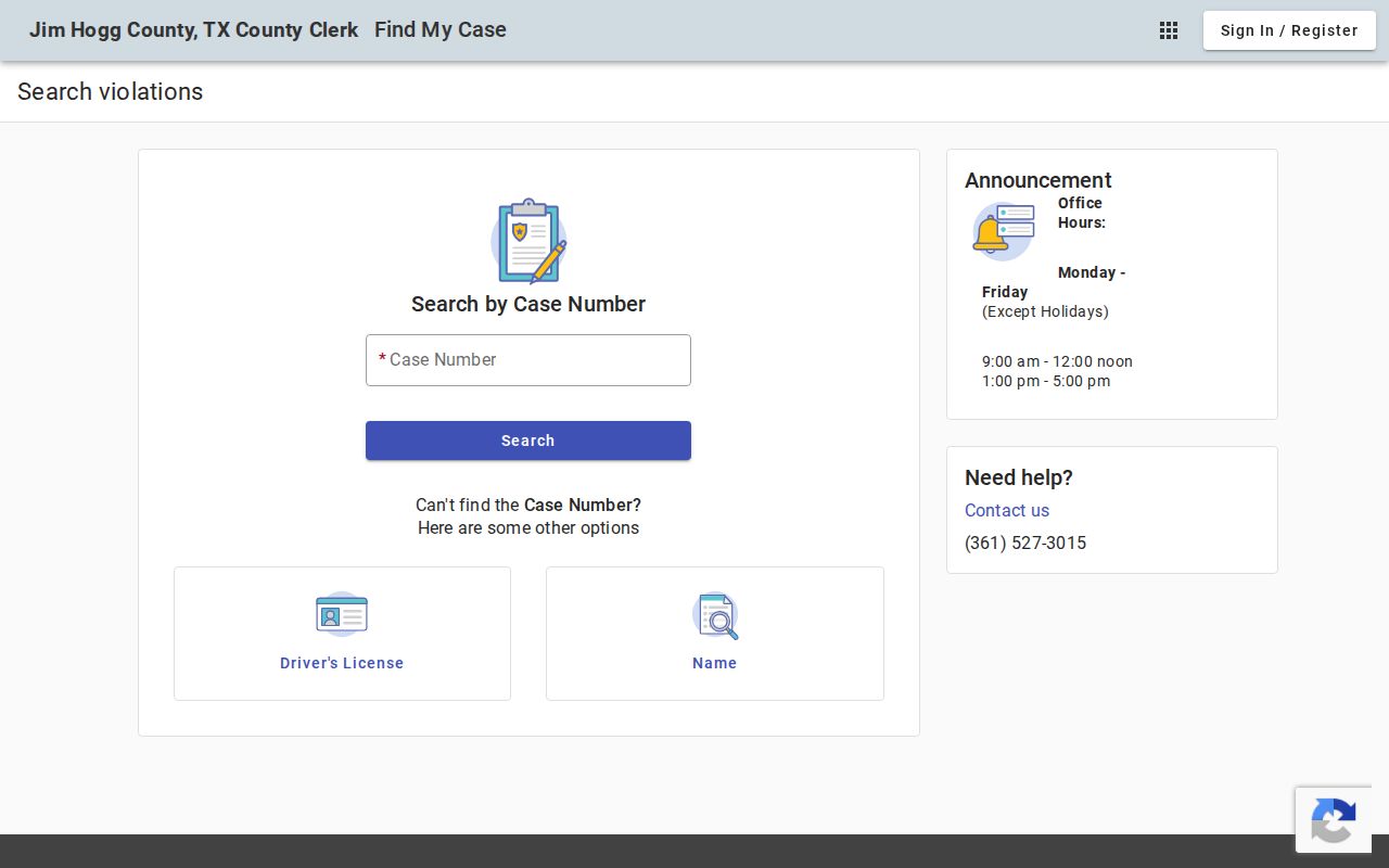 Jim Hogg County Clerk Find My Case search screen