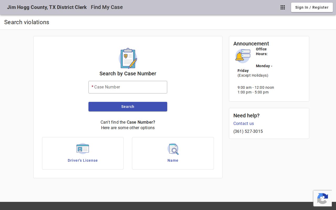 Jim Hogg County District Clerk Find My Case search screen
